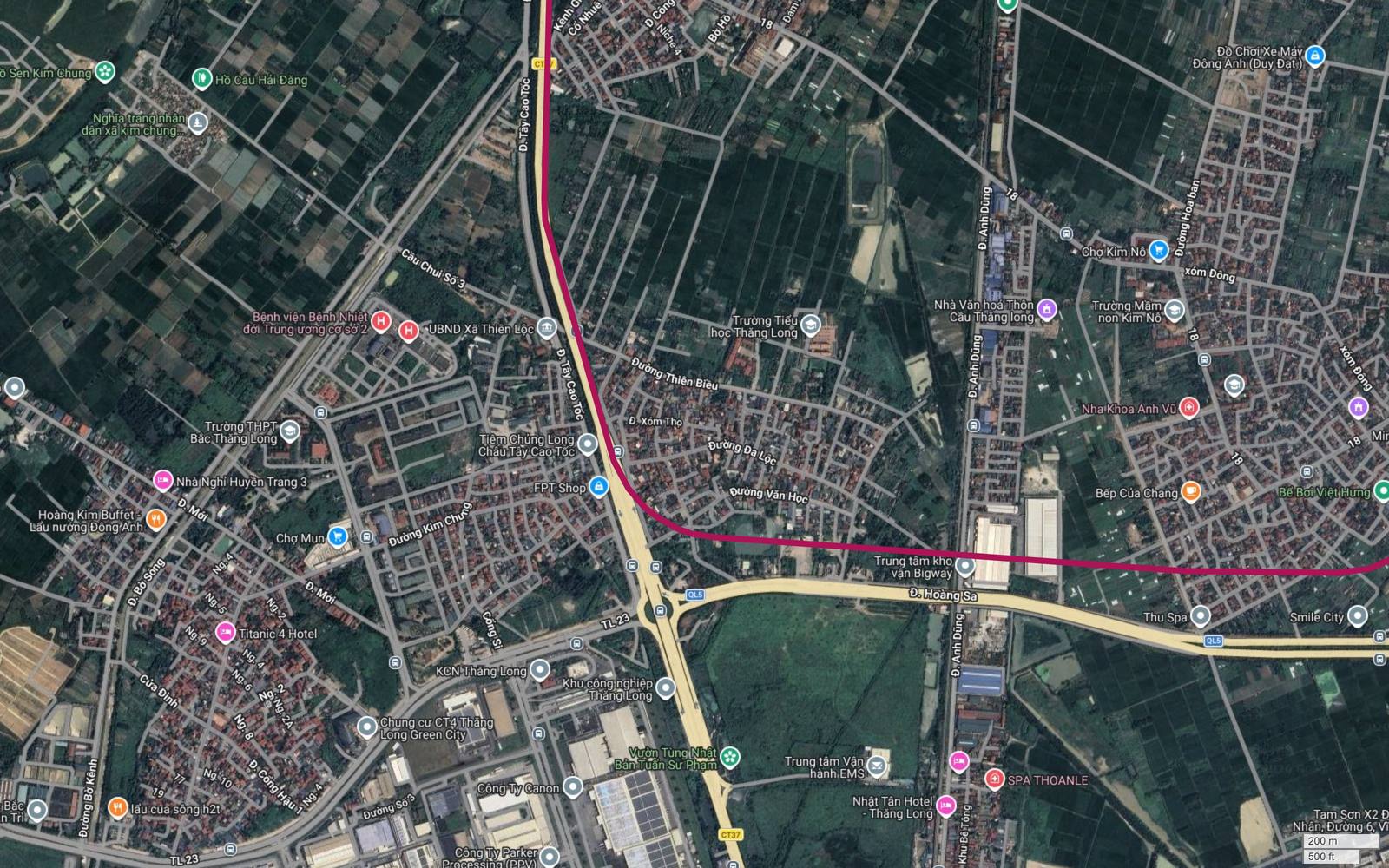 Hành lang metro số 18 Hà Nội bẻ hướng đông tại nút Quốc lộ 5 và đường Hoàng Sa, cạnh Khu công nghiệp Thăng Long