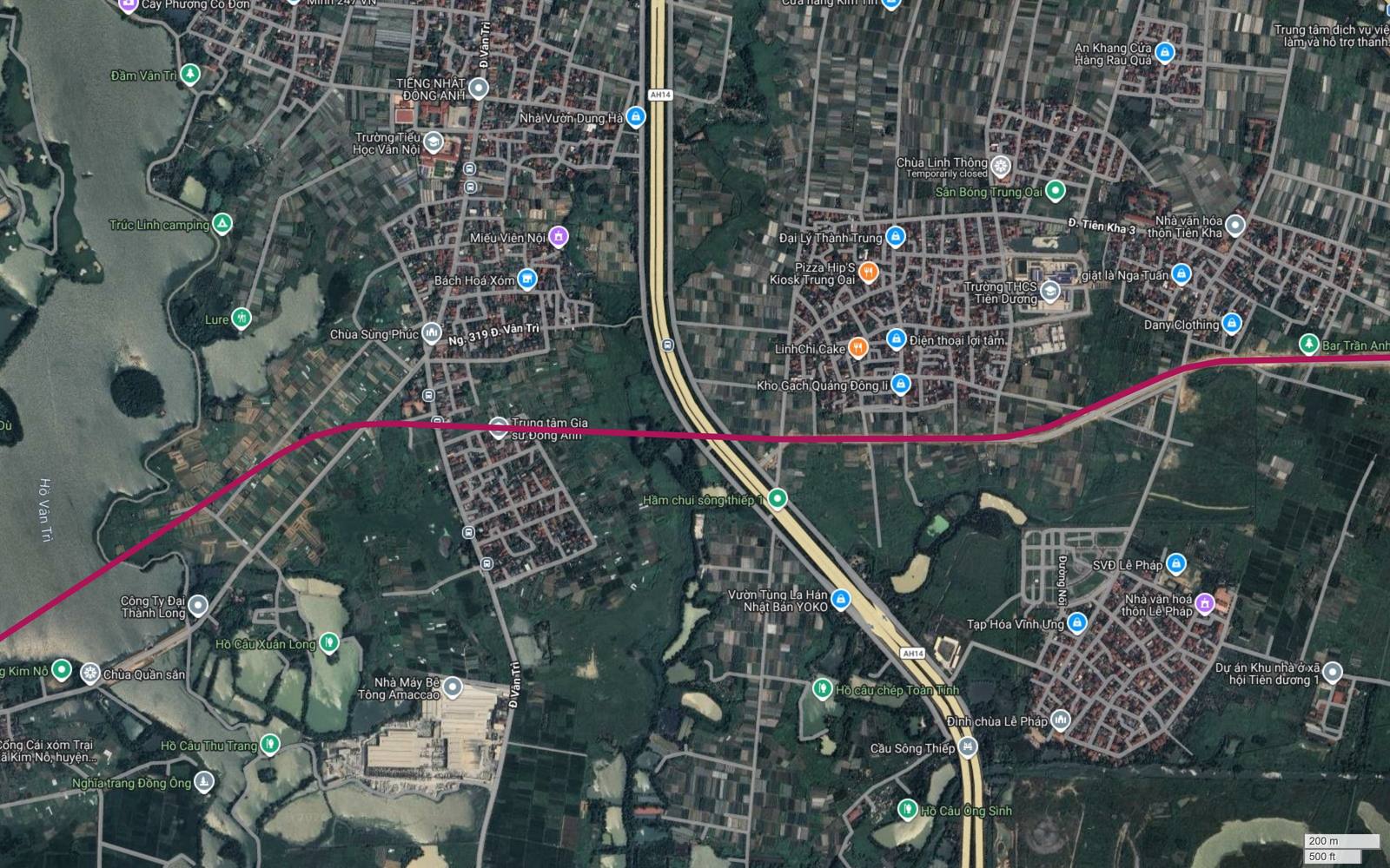 Hành lang metro số 18 Hà Nội cắt trục cao tốc AH14 tại địa bàn Tiên Dương, Đông Anh, gần Cầu Sông Thiếp
